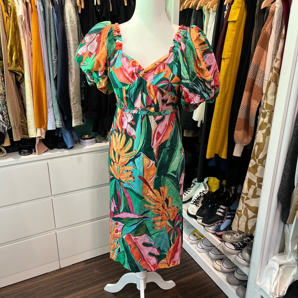 🌴 NWT Farm Rio Puff-Sleeve Midi Dress Tropical Banana Foliage XS $285